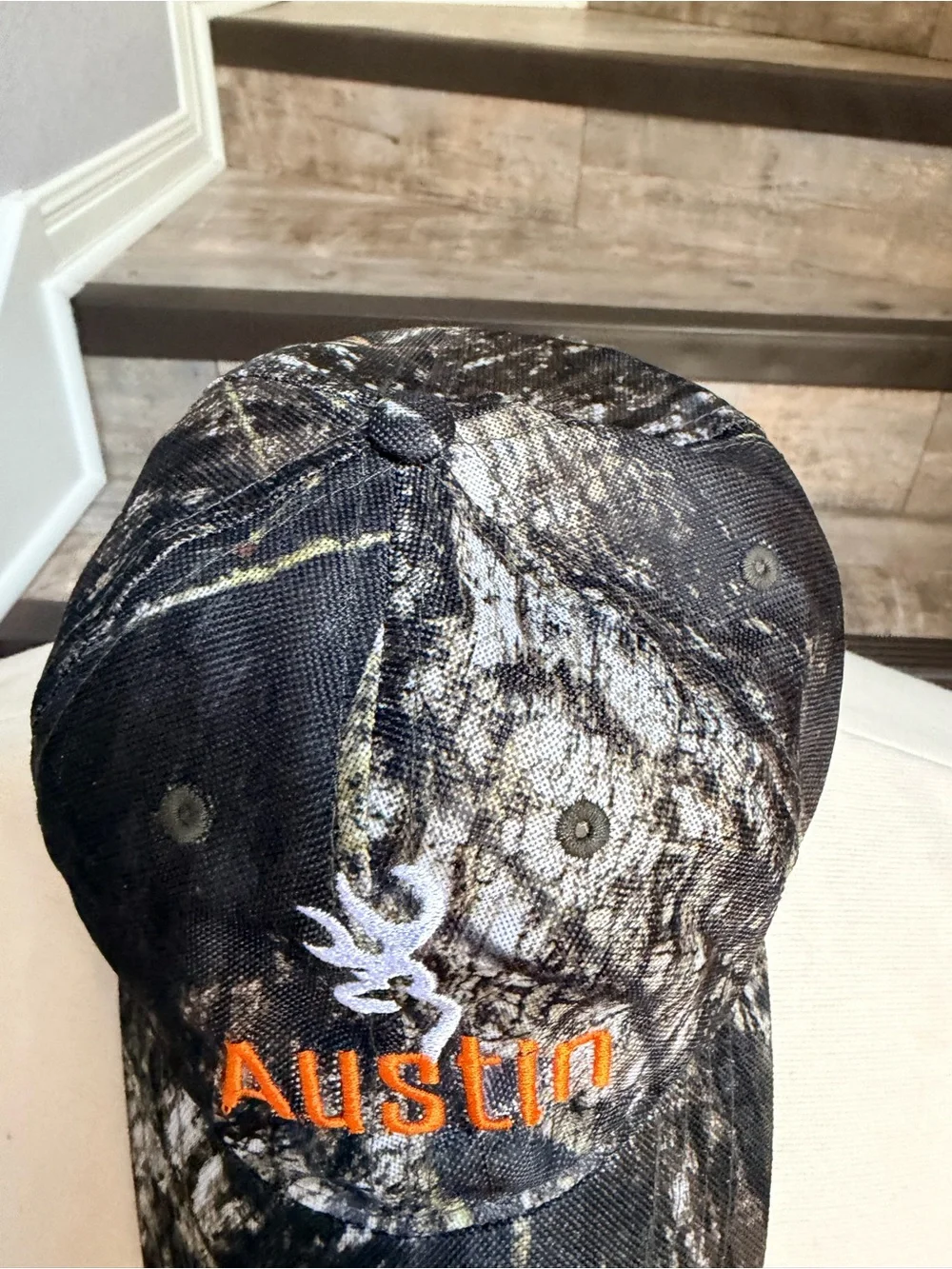 NWT Toddler Camo Hat - Deer Logo - Personalized with Austin in Orange thread